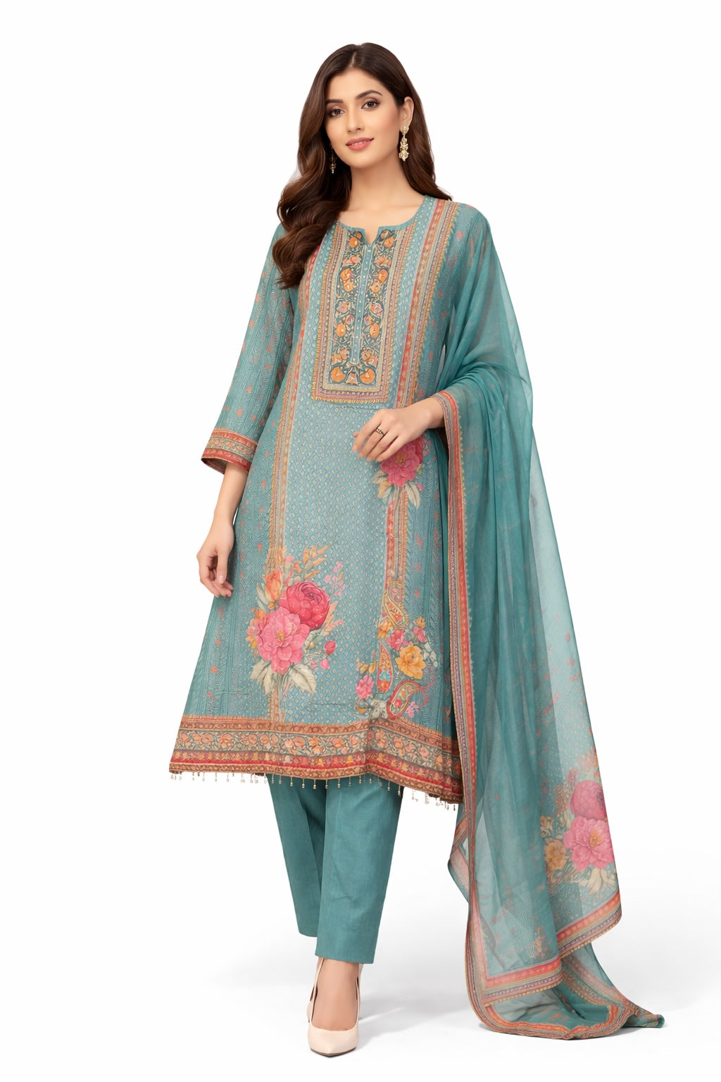Teal Bloom Printed Suit Set with Dupatta