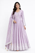 Model wearing lavender bloom anarkali set – Khush Mizaj