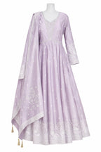 Lavender anarkali set with embroidered V-neckline and tassel dupatta – Khush Mizaj