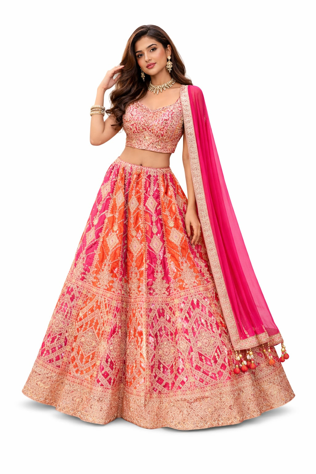 Woman wearing a traditional outfit with a pink and orange patterned dress and pink dupatta on a white background