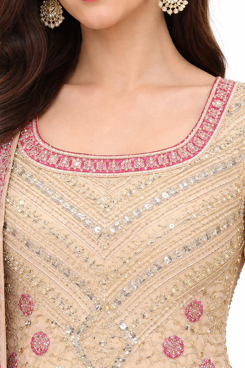 Close-up of mirror work and floral embroidery on champagne sharara kurta – Khush Mizaj