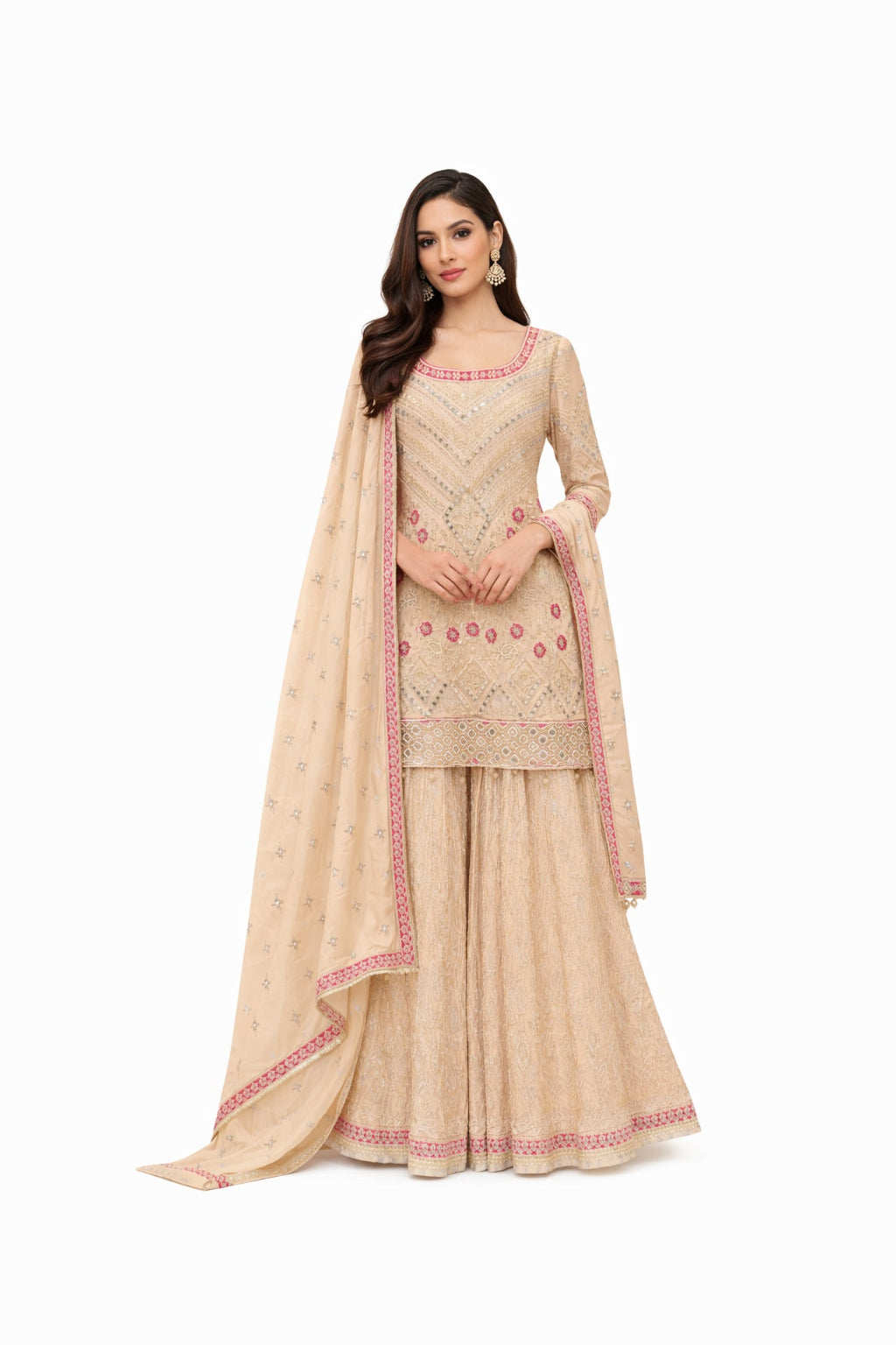 Woman wearing a beige embroidered traditional outfit with a matching dupatta on a white background