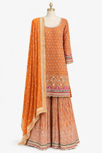 Orange embroidered sharara suit with gold and pink border dupatta – Khush Mizaj