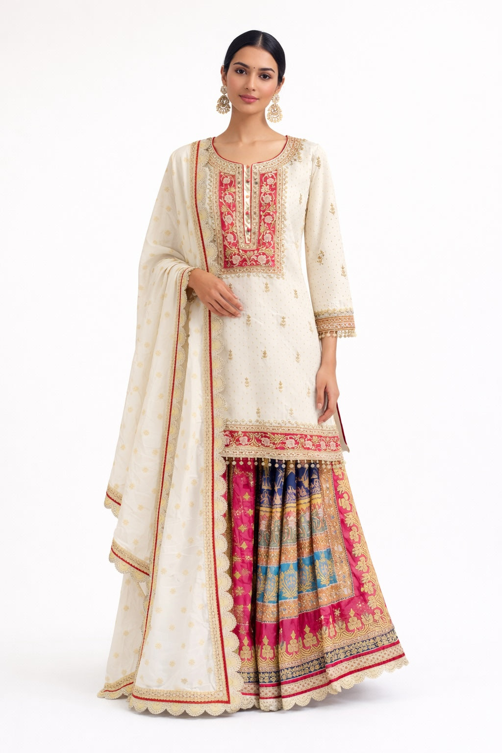 Ivory Embroidered Sharara Suit with Multicolour Panels