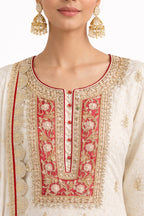 Close-up of zari embroidery and pearl detailing on ivory sharara kurta – Khush Mizaj
