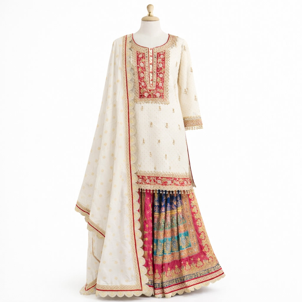 Ivory Embroidered Sharara Suit with Multicolour Panels