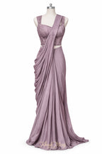 Dusty mauve saree with corset blouse on mannequin – Khush Mizaj