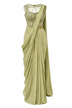 Sage green draped saree set with embellished corset blouse – Khush Mizaj