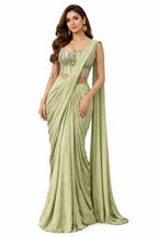 Model wearing sage green pre-draped saree with corset blouse – Khush Mizaj