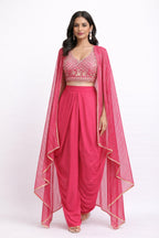 Model wearing rani pink dhoti skirt set – Khush Mizaj