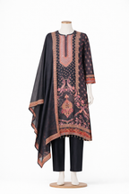 Midnight Noir black silk suit with Mughal-inspired prints on mannequin – Khush Mizaj