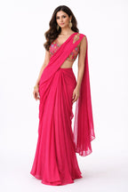 Hot Pink Draped Saree with Embroidered Blouse | Khush Mizaj Official