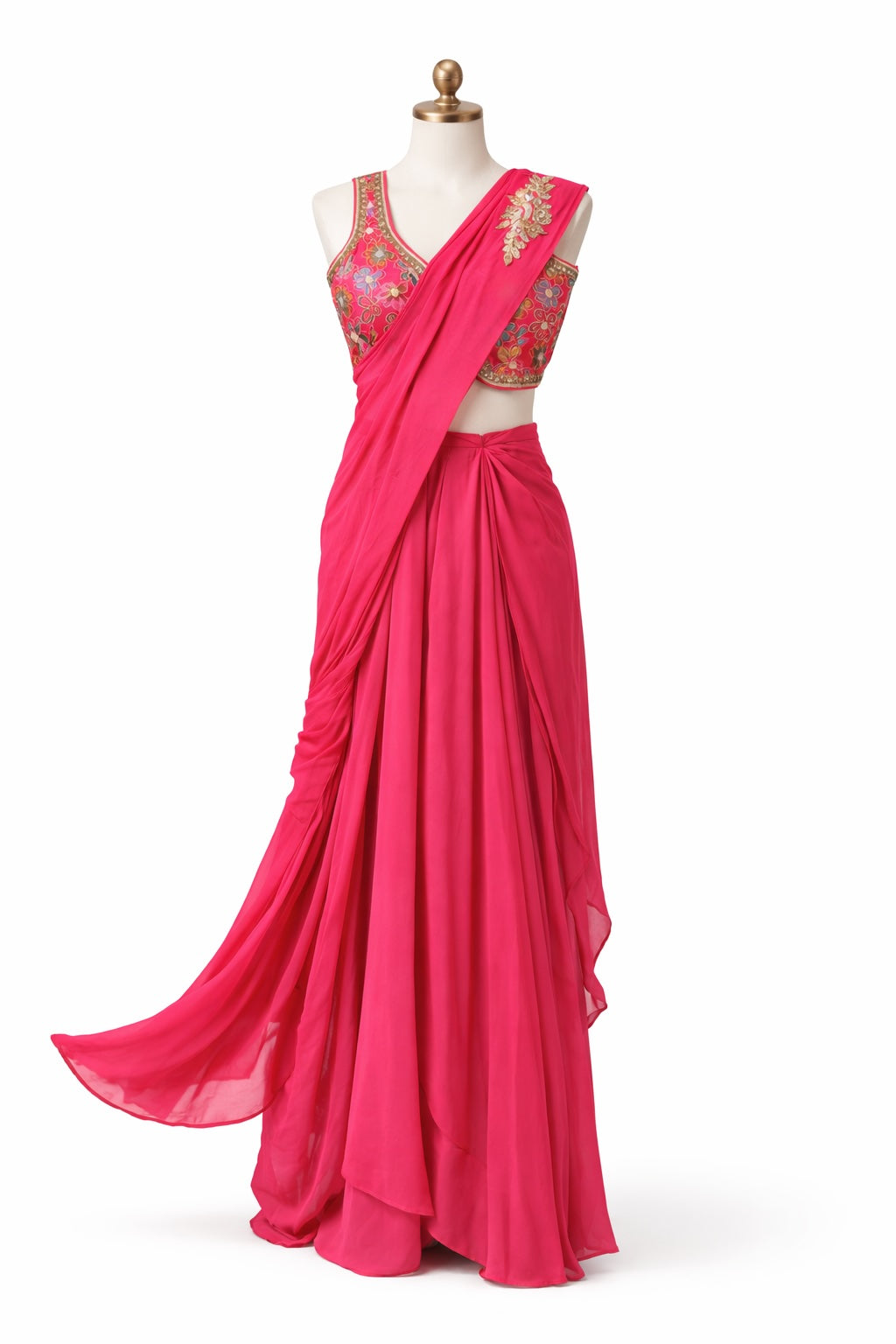 Hot Pink Draped Saree with Embroidered Blouse