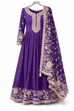 Royal purple embroidered anarkali set with tassel dupatta – Khush Mizaj