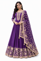 Model wearing royal purple anarkali with gold embroidery – Khush Mizaj