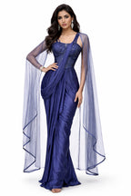Model wearing midnight blue draped saree with corset blouse and cape – Khush Mizaj