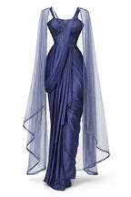 Midnight blue satin pre-draped saree set with shimmer cape – Khush Mizaj