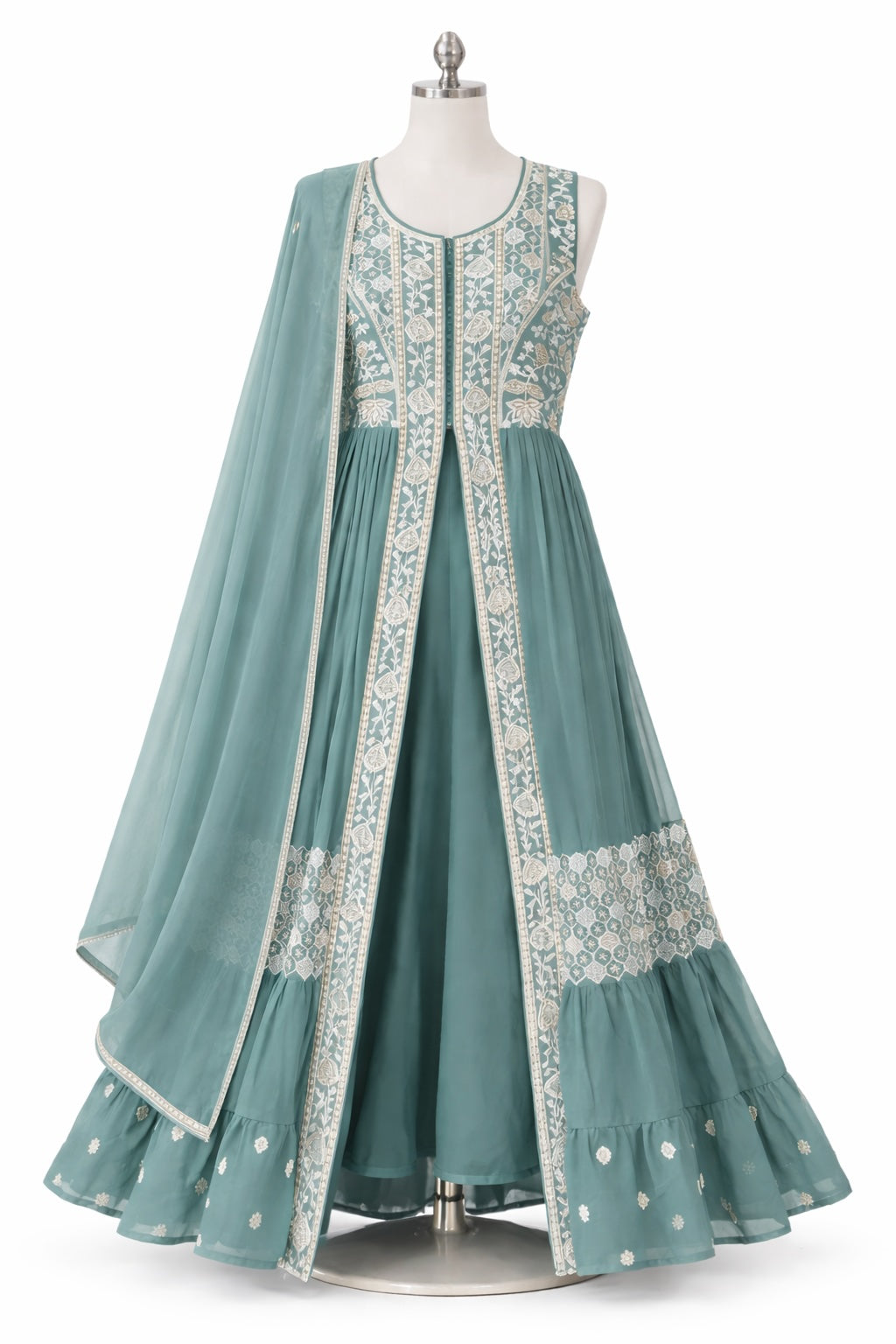 Sage Green Embroidered Tiered Anarkali Set