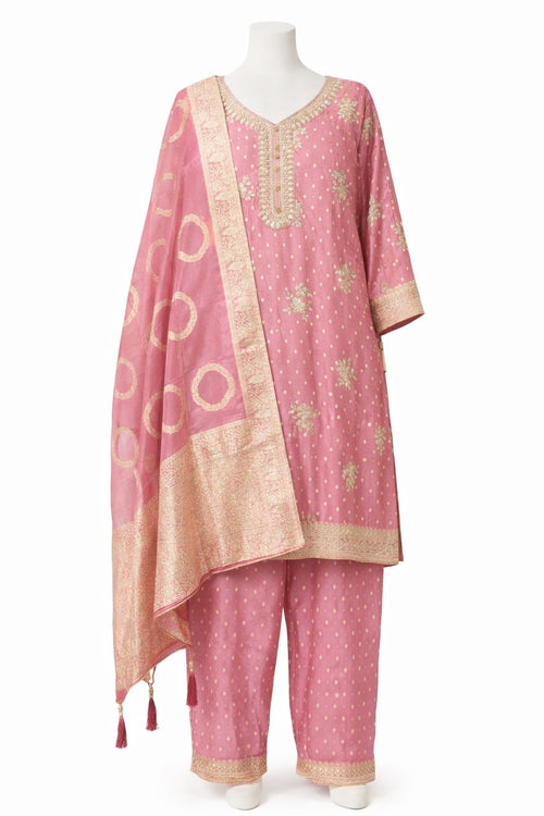 Blush pink brocade suit set with gold woven motifs and tassel dupatta – Khush Mizaj