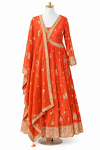 Sunset orange anarkali with gold zari embroidery and tassel dupatta – Khush Mizaj