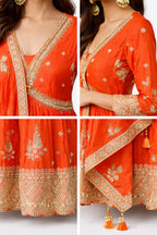 Close-up of zari embroidery on sunset orange anarkali – Khush Mizaj