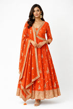 Model wearing sunset orange embroidered anarkali set – Khush Mizaj