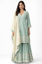 Model wearing mint green embroidered sharara set – Khush Mizaj