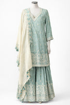 Mint green sharara set with gold embroidery and tassel dupatta – Khush Mizaj