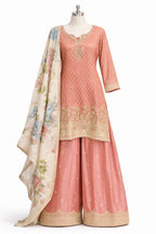 Peach floral embroidered sharara set with gold border – Khush Mizaj