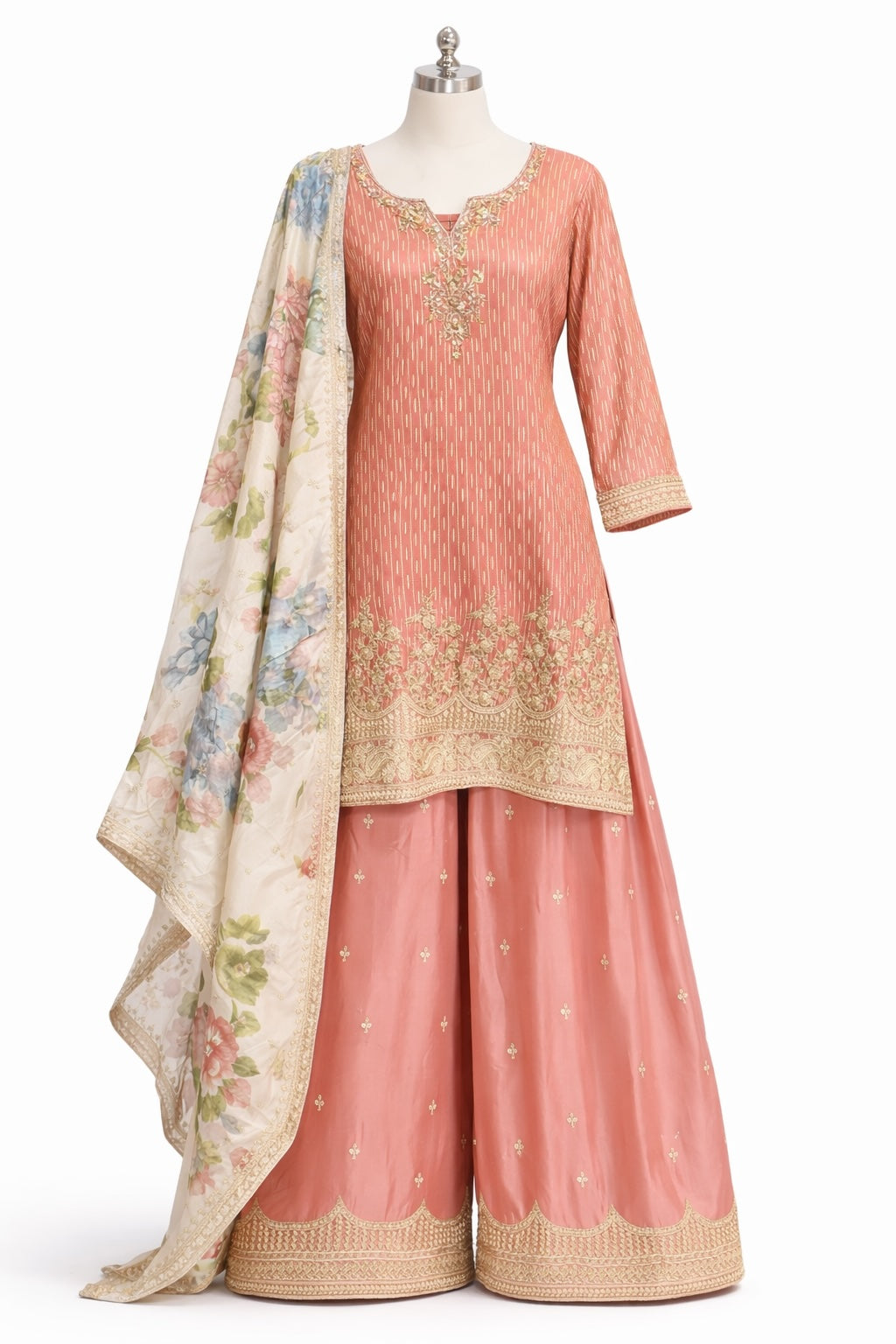 Peach Floral Embroidered Sharara Set