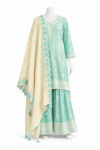 Mint sharara set with ivory floral dupatta and gold motifs – Khush Mizaj