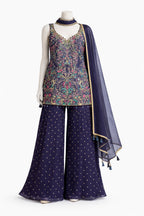 Midnight floral sharara set with gold polka motifs – Khush Mizaj