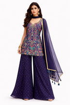 Model wearing midnight blue sharara with multicolor floral embroidery – Khush Mizaj