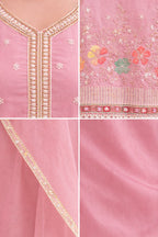 Close-up of floral embroidery and bead detailing on blush sharara kurta – Khush Mizaj
