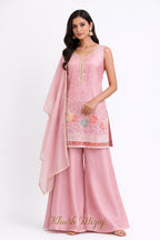 Model wearing blush pink embroidered sharara set with pearl neckline – Khush Mizaj