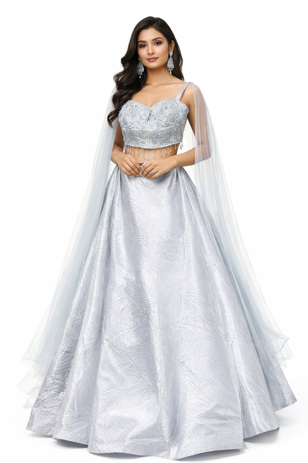 Ice Blue Silk Lehenga Set with Embellished Blouse & Sheer Dupatta