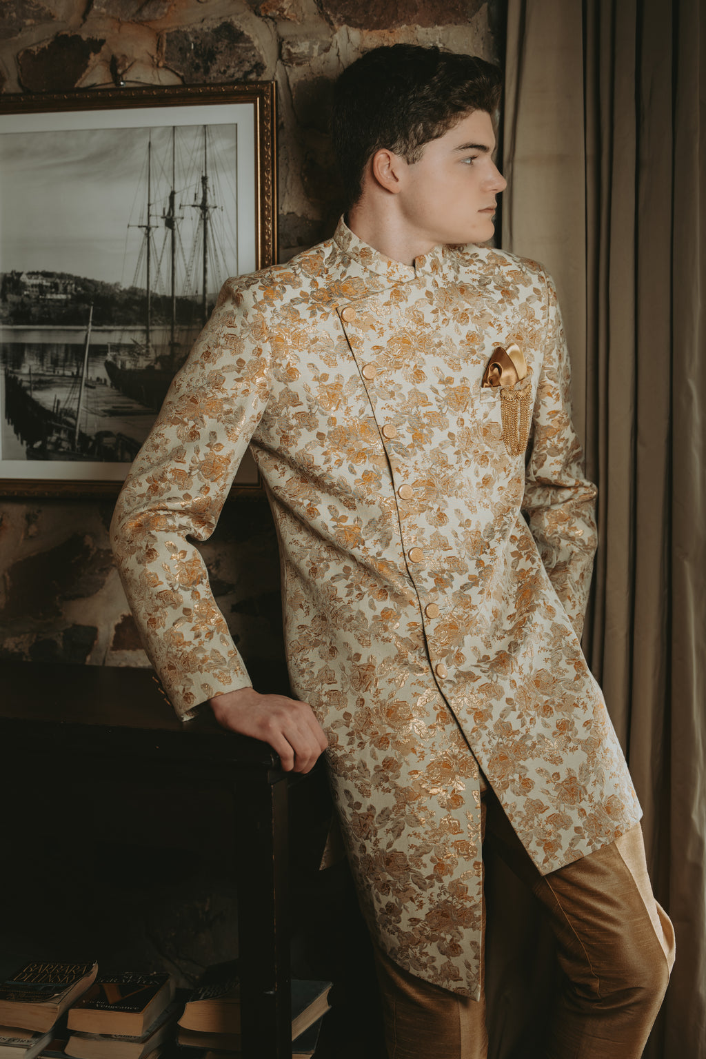 Ivory & Gold Floral Sherwani Set