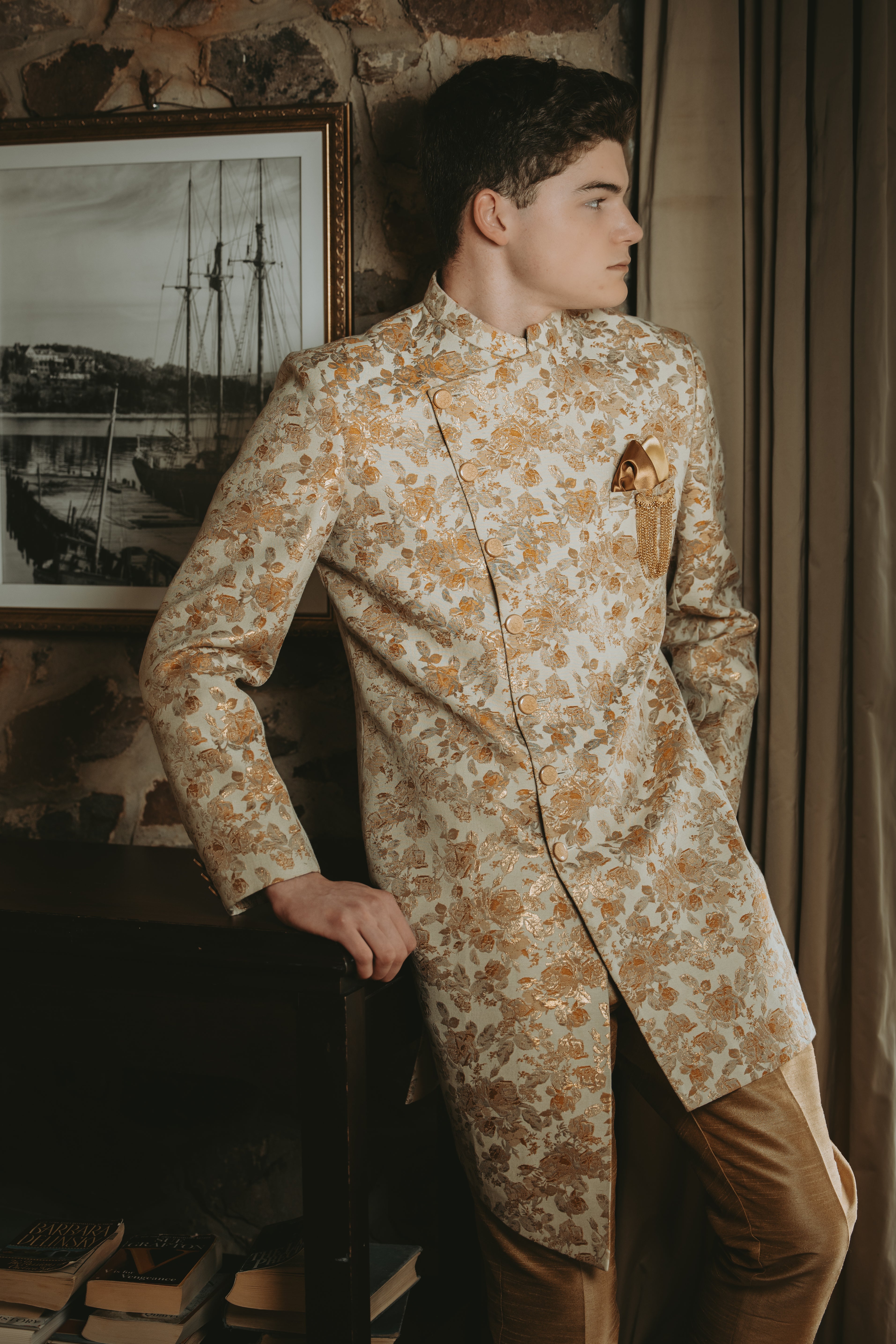Ivory & Gold Floral Sherwani Set