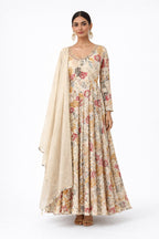 Model wearing ivory floral anarkali with sheer dupatta – Khush Mizaj