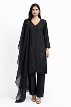 Model wearing Midnight Noir black embroidered suit with dupatta – Khush Mizaj