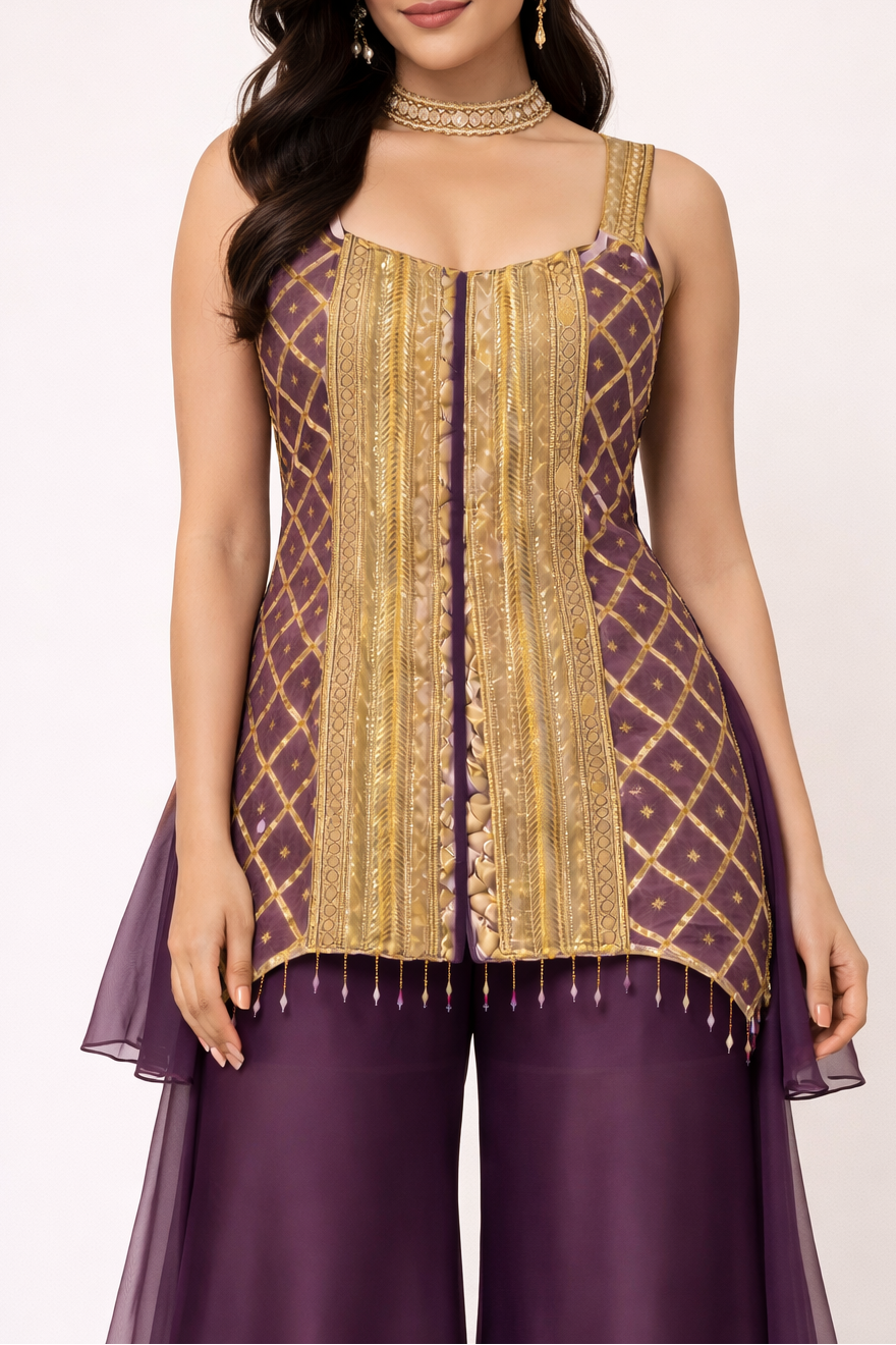 Woman wearing a gold and purple traditional outfit on a white background