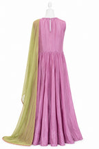 Pink dress with a green dupatta on a mannequin against a white background