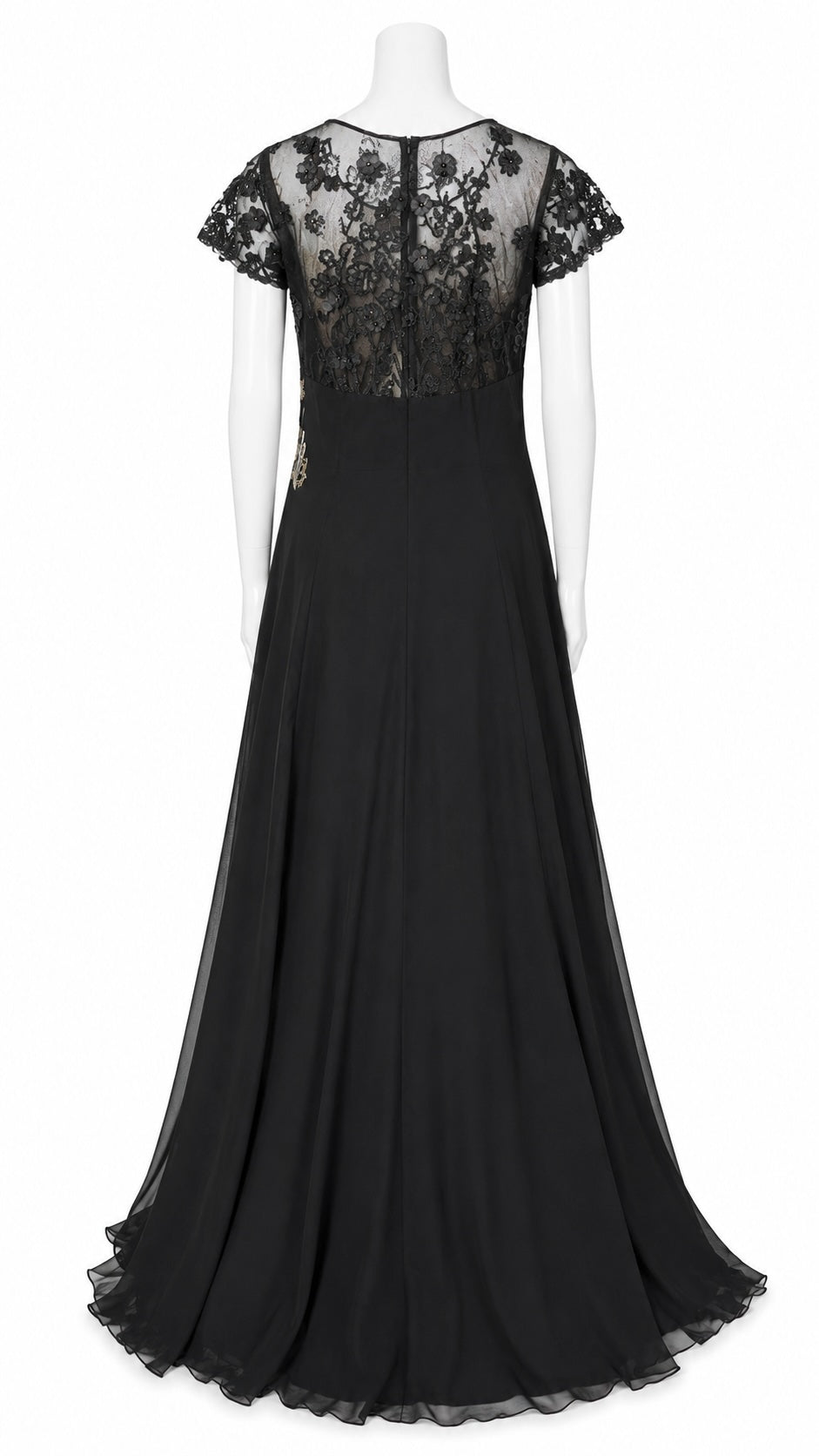 Black evening gown with lace cap sleeves on a mannequin against a white background