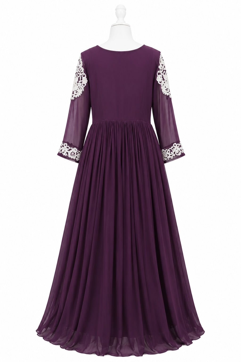 Purple evening gown with floral embellishments on sleeves against a white background