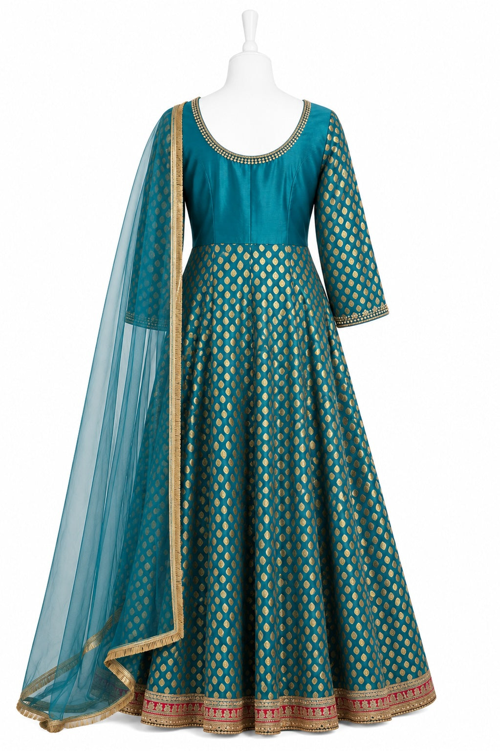 Teal traditional dress with gold patterns on a white background