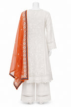 Ivory White Anarkali Suit with Orange Embroidered Dupatta | Luxury 3-Piece Ethnic Wear | Khush Mizaj Official