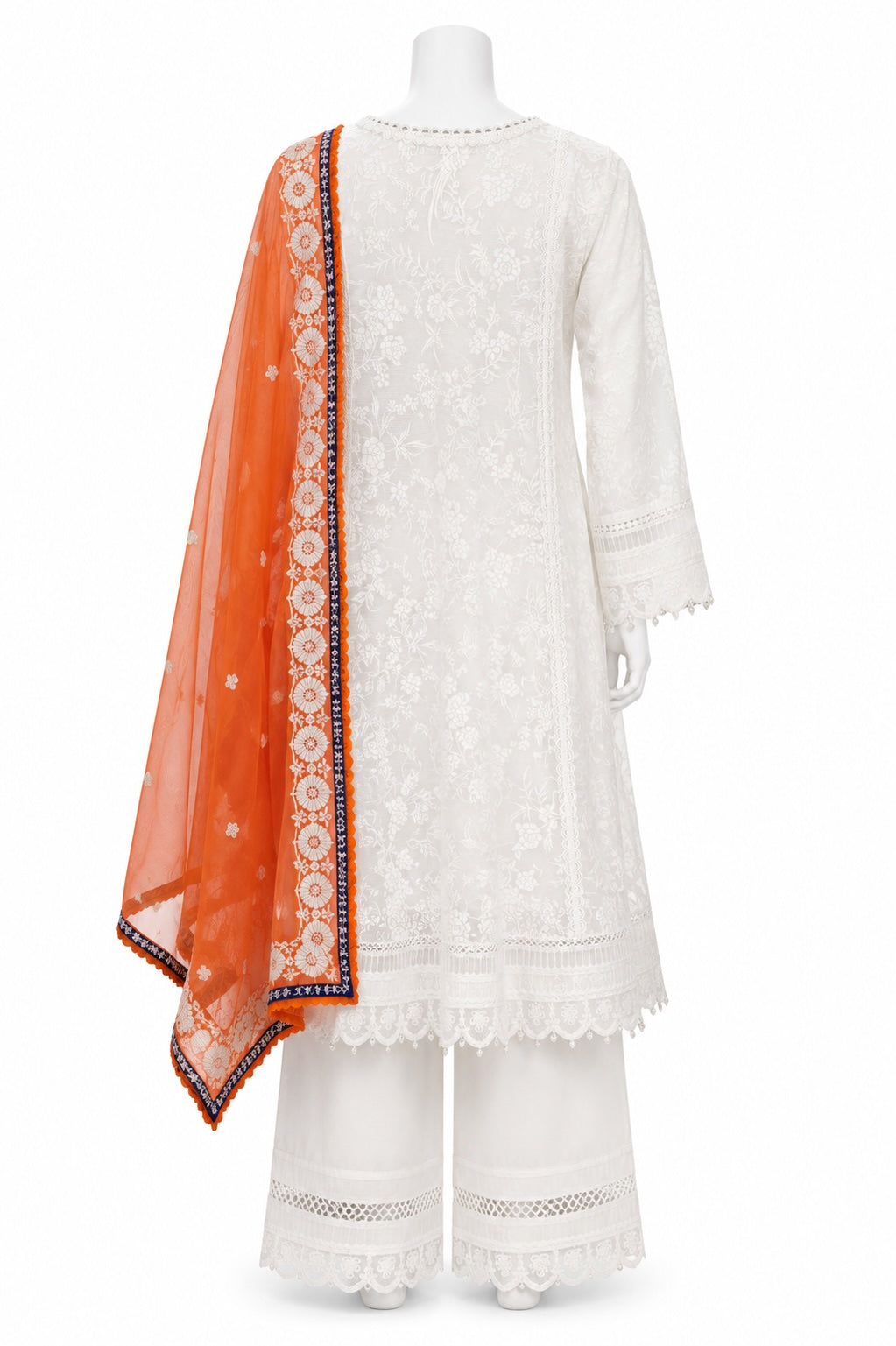 Ivory White Anarkali Suit with Orange Embroidered Dupatta | Luxury 3-Piece Ethnic Wear | Khush Mizaj Official