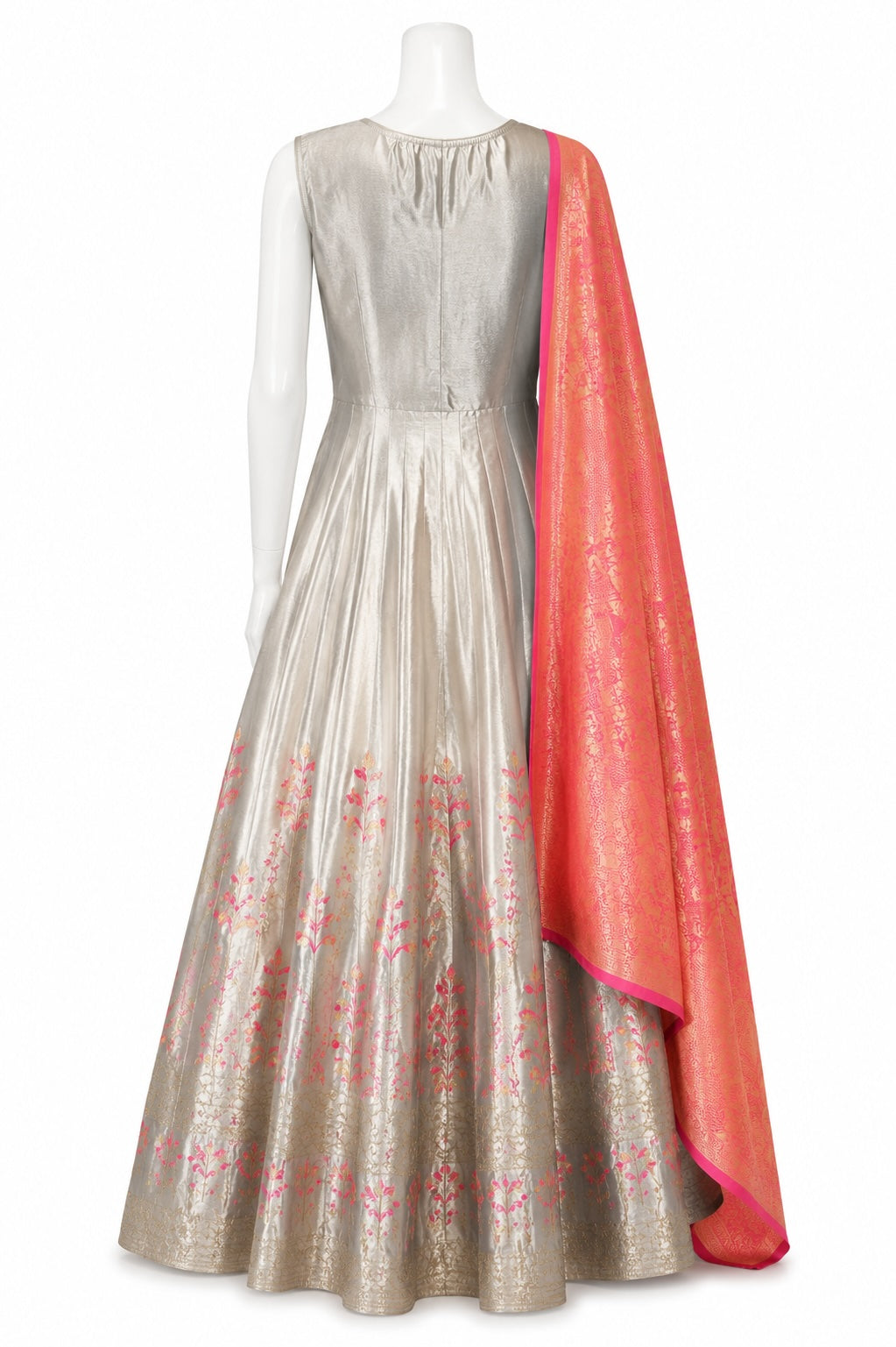 Mannequin wearing a silver dress with pink floral patterns and a matching pink dupatta on a white background