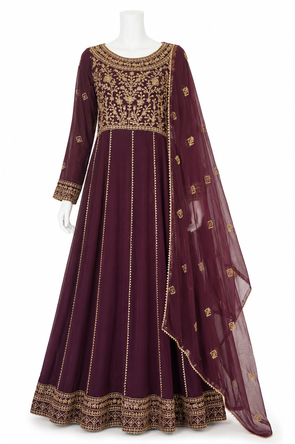 Royal Plum Anarkali Gown with Dupatta | Embroidered Floor-Length Pakistani Dress