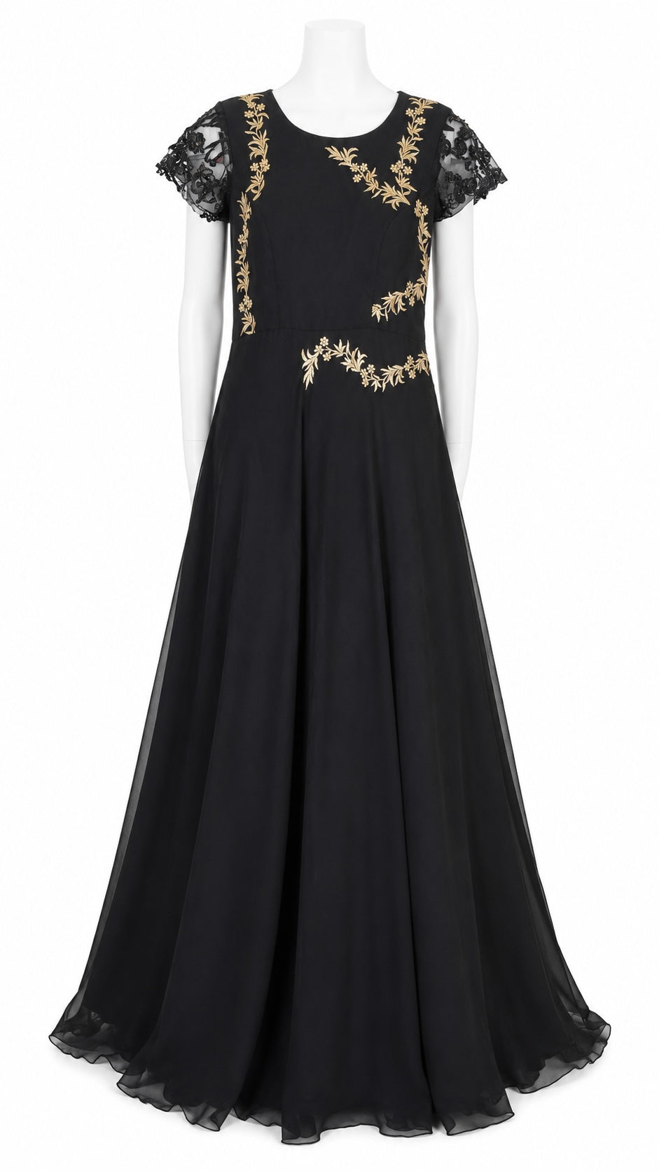 Black evening gown with gold embroidery on a white background